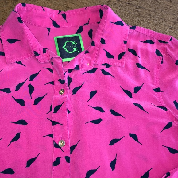 C. Wonder Tops - C. WONDER Pink & Black Bird Pattern Silk Blouse S